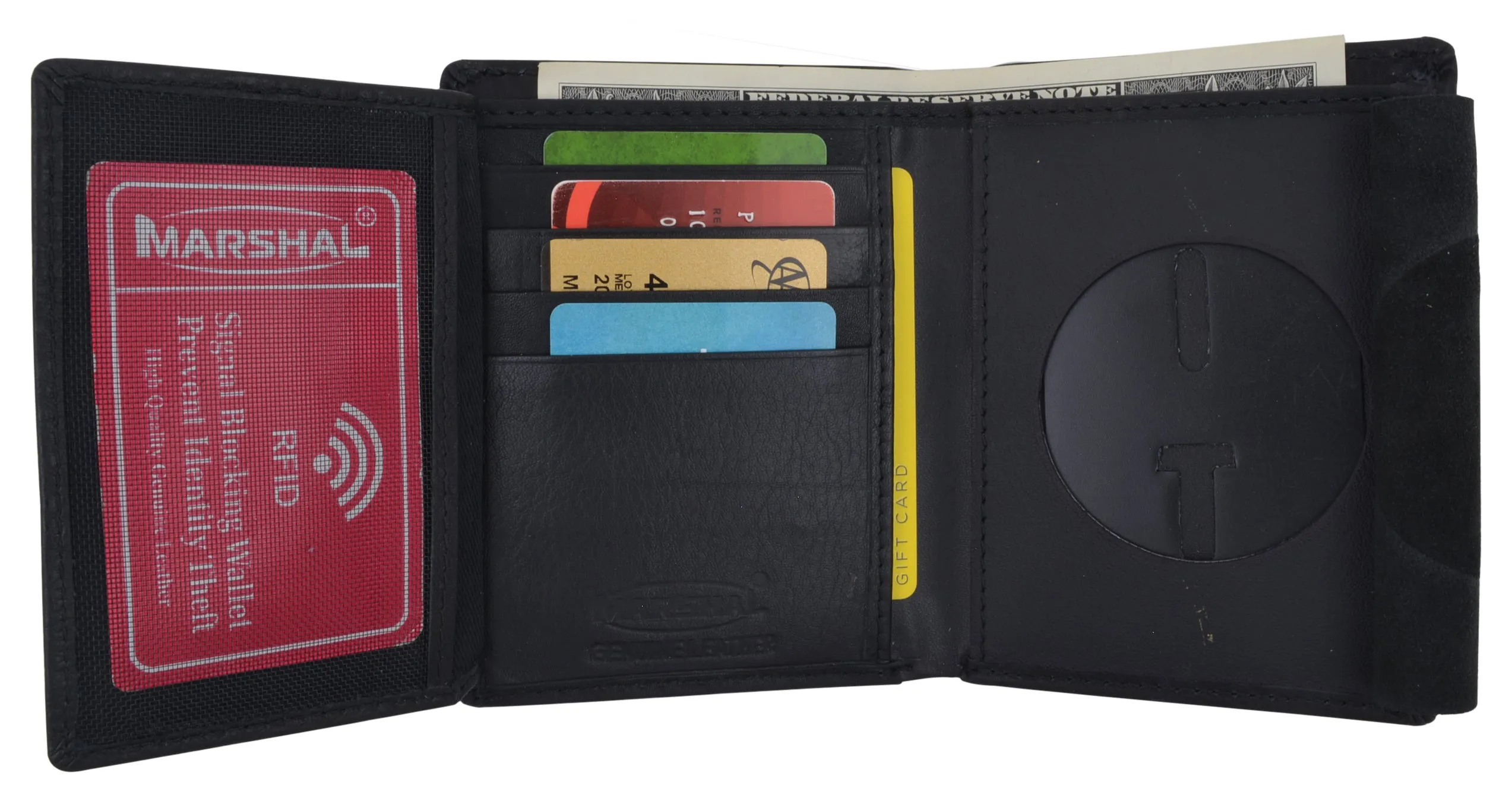 RFID Mens Genuine Leather Trifold Wallet with Security Badge Holder Black