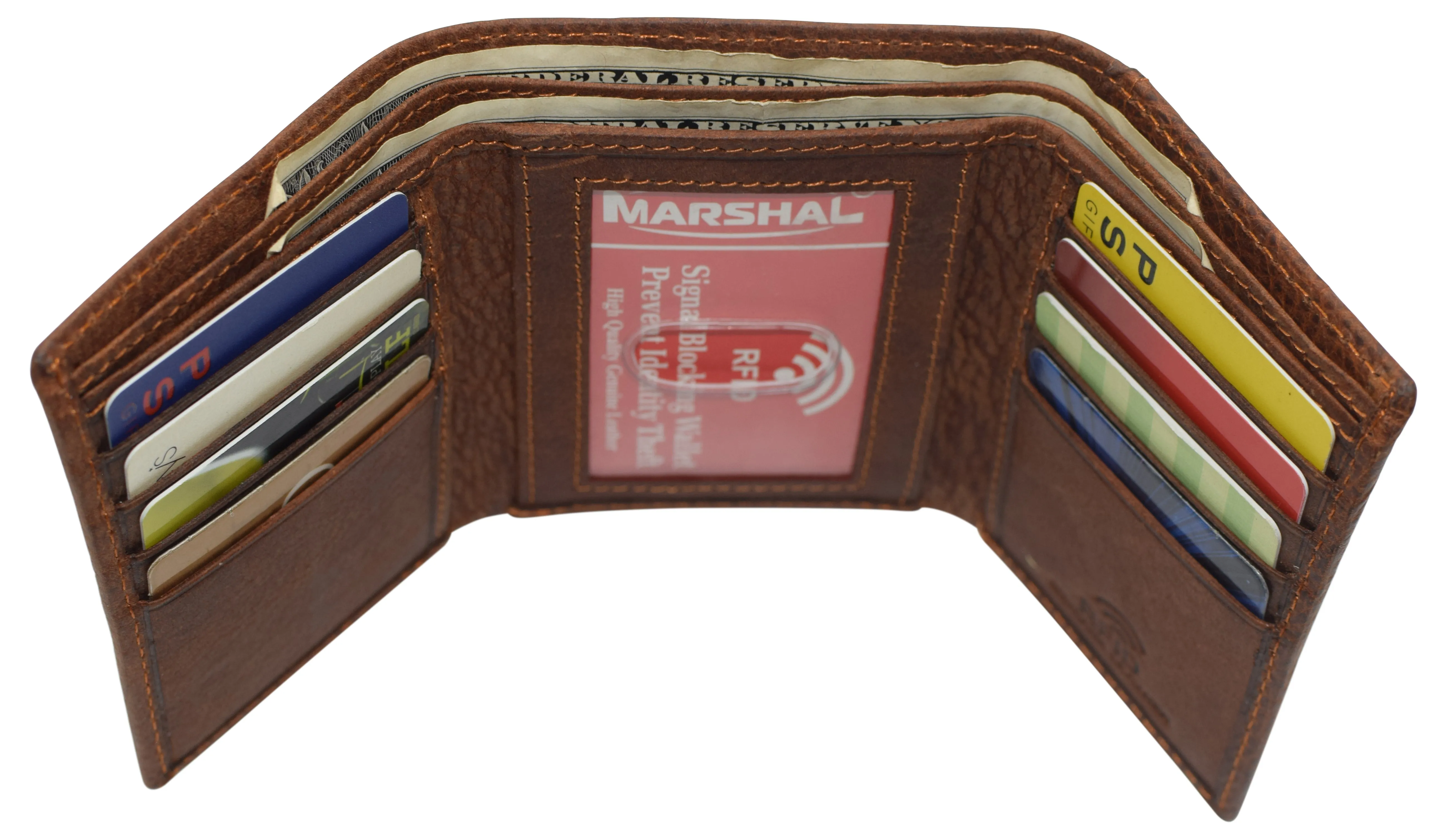 RFID45NUTN Real Leather Men's RFID Blocking Trifold Wallet with Outside ID Window Logo Gift Wallets for Men