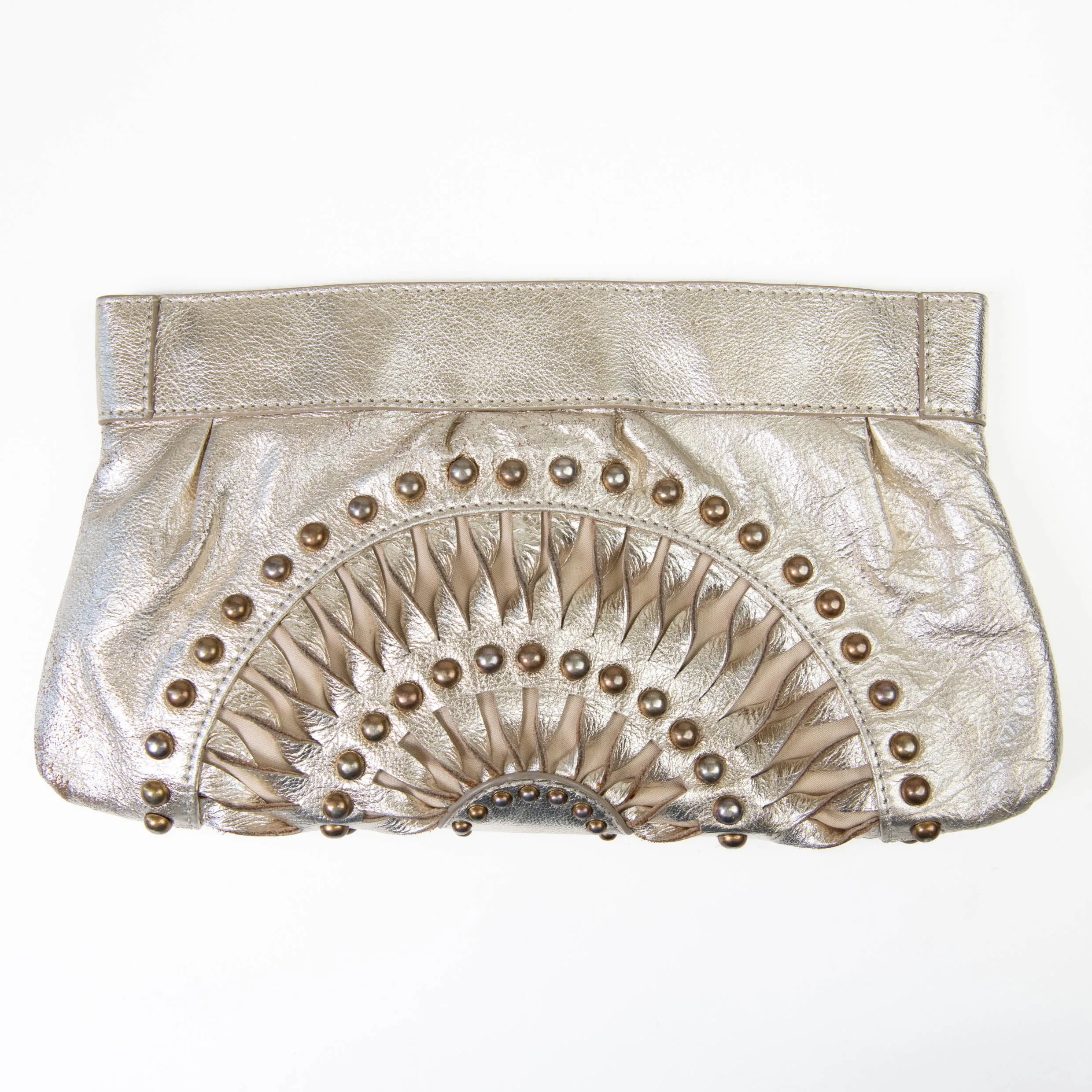 Roberto Cavalli Gold Leather Studded Clutch Gold Hardware