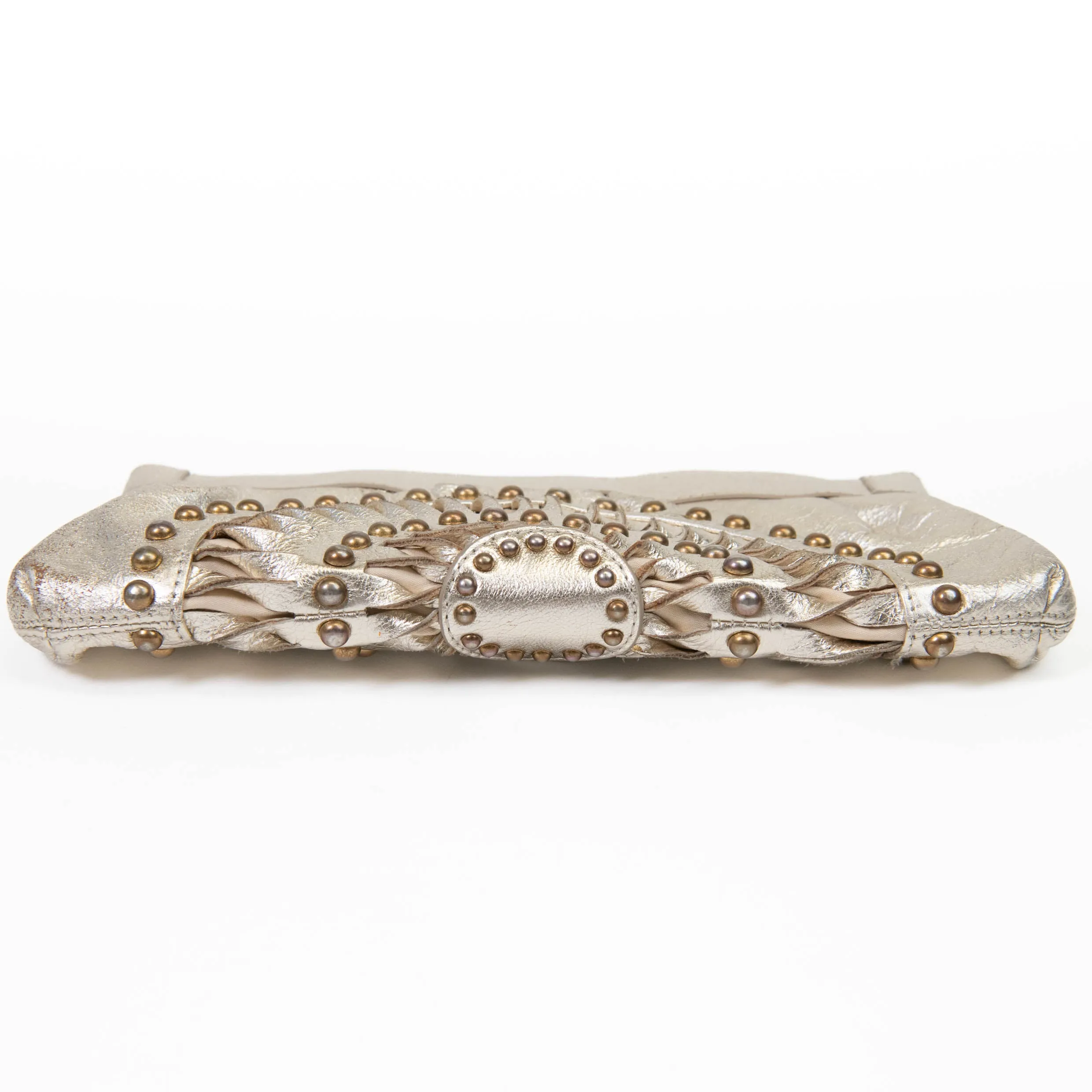 Roberto Cavalli Gold Leather Studded Clutch Gold Hardware