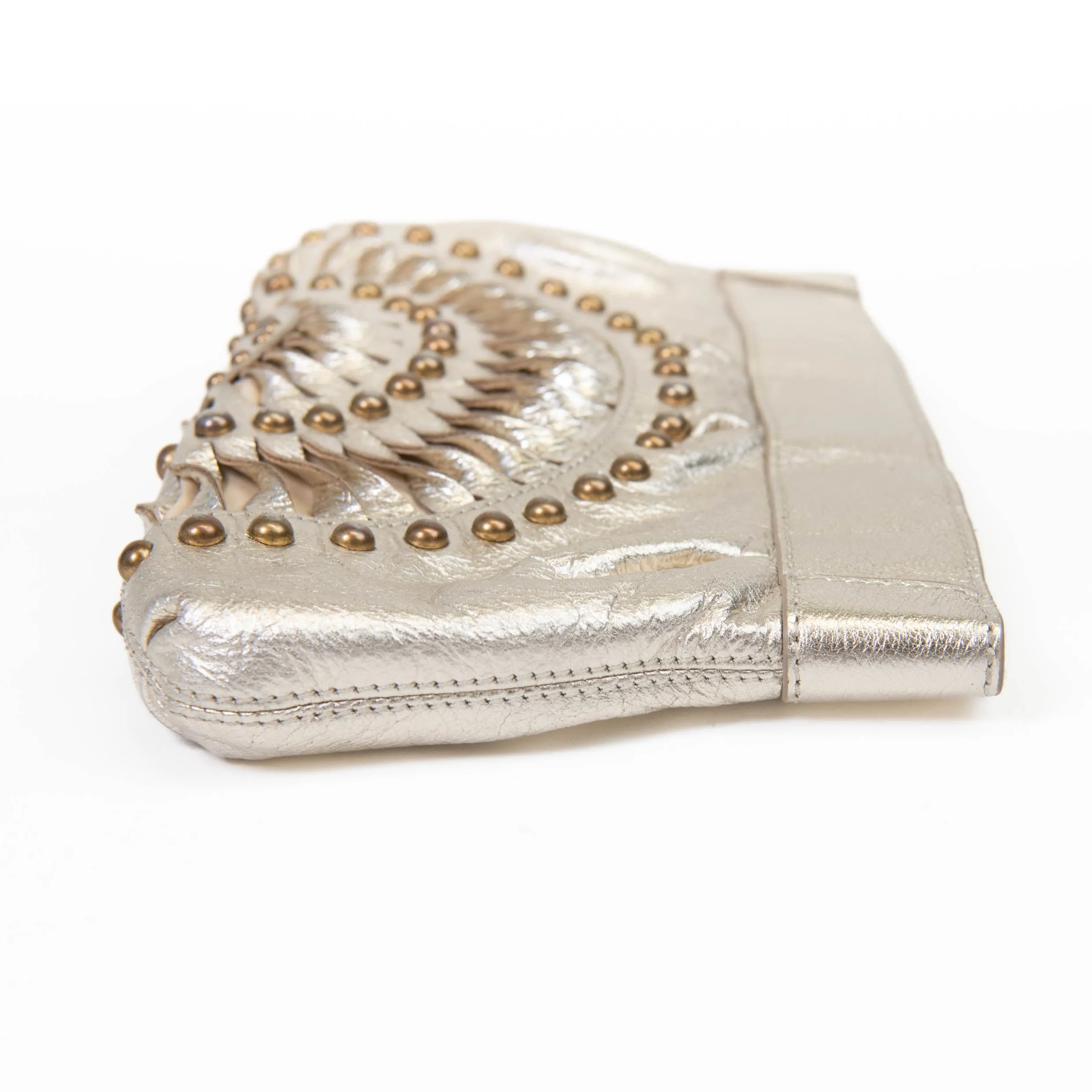 Roberto Cavalli Gold Leather Studded Clutch Gold Hardware