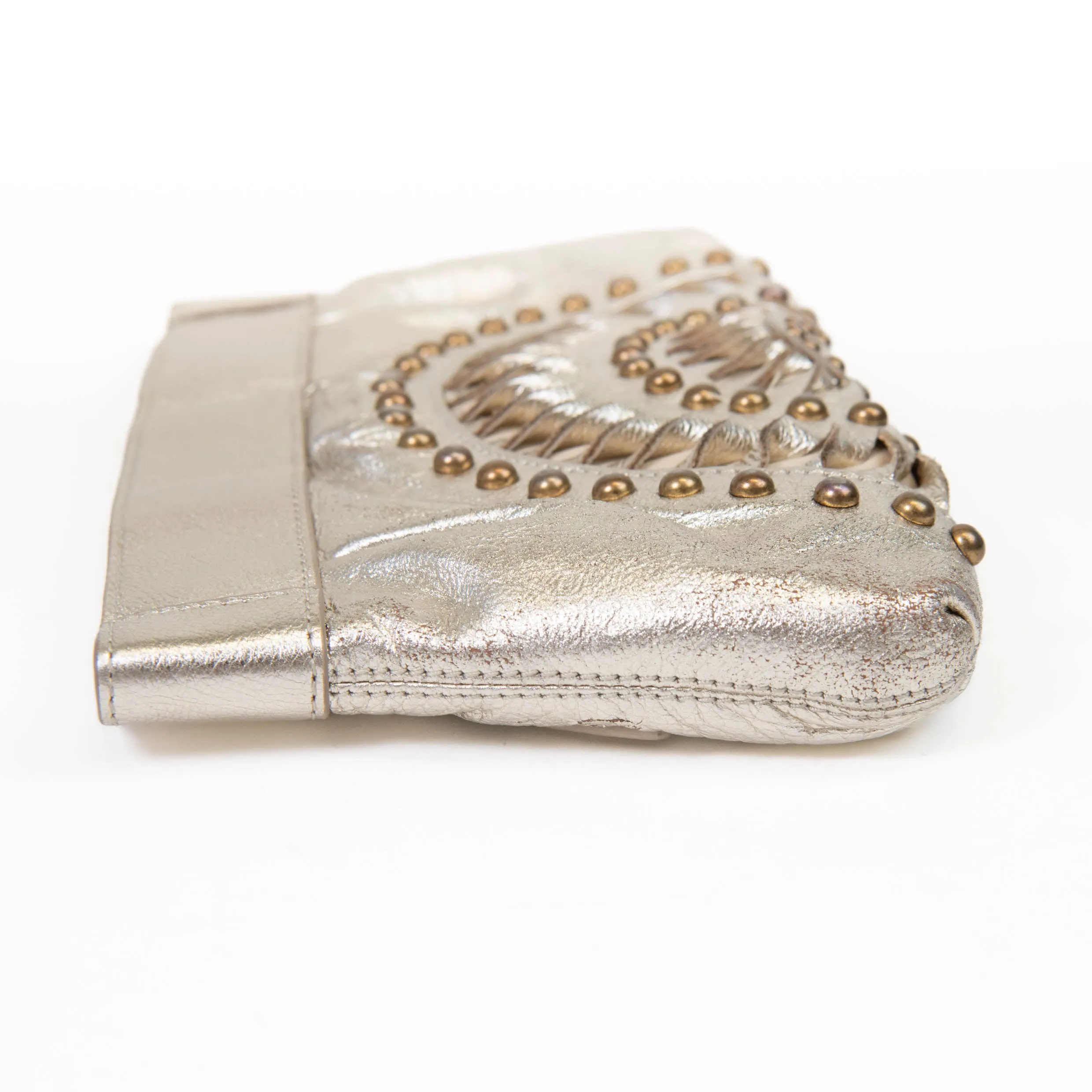 Roberto Cavalli Gold Leather Studded Clutch Gold Hardware