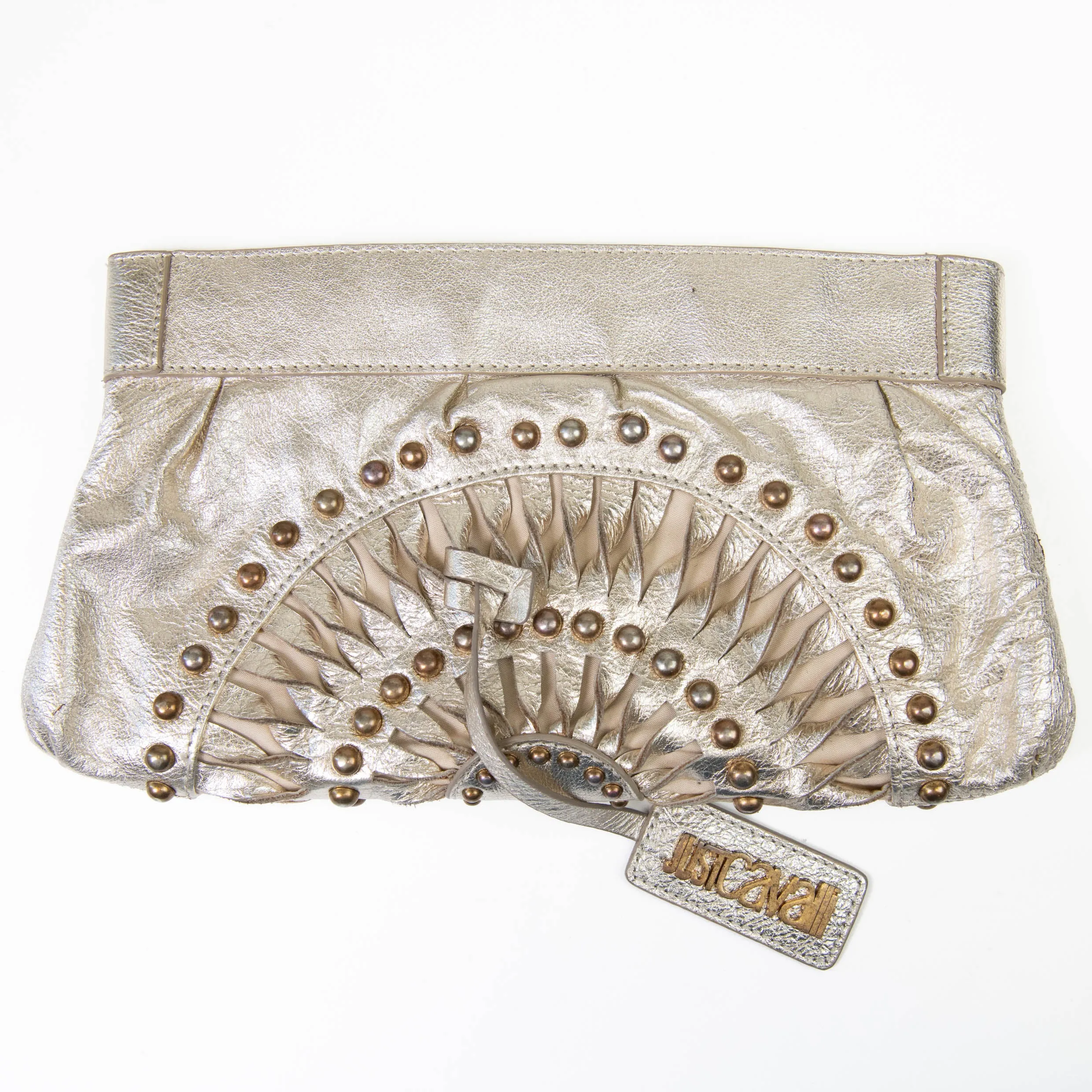 Roberto Cavalli Gold Leather Studded Clutch Gold Hardware