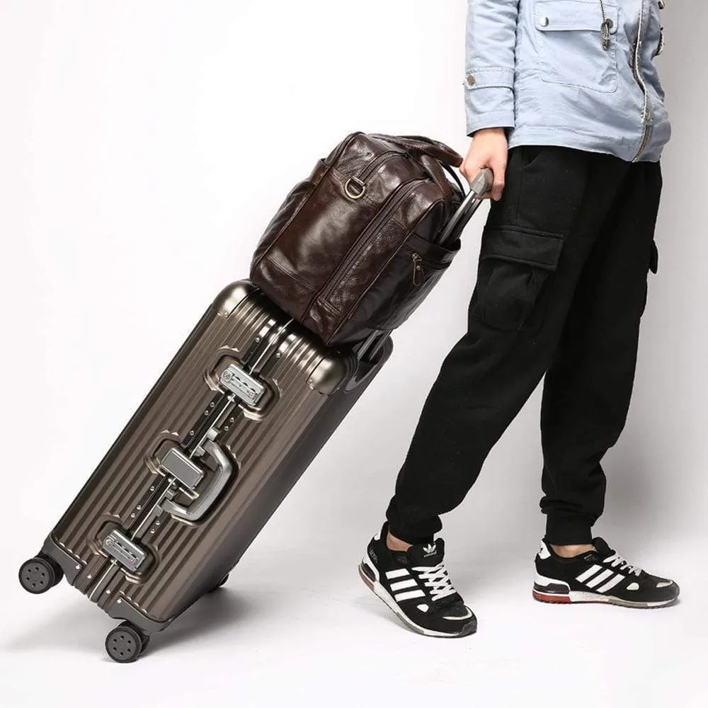 Rossie Viren  Mens Vintage  Leather Classic Business Laptop  Overnight Duffel Travel Shuttle Bag For Luggage/Wheels