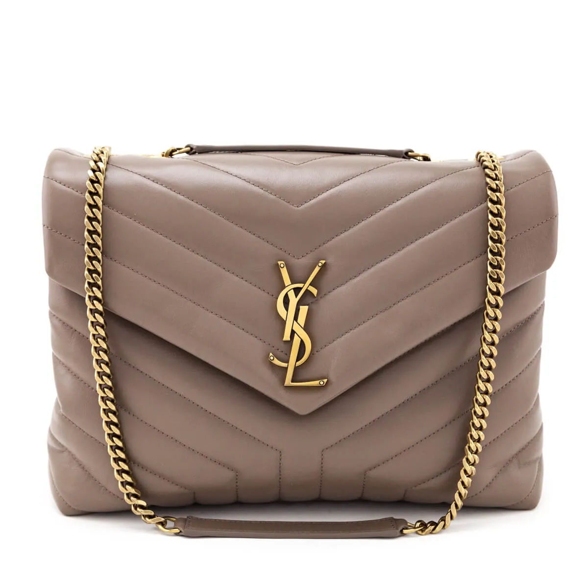 Saint Laurent Dark Beige Calfskin Y Quilted Monogram Medium Loulou Chain Satchel