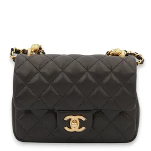 Seasonal Flap with Pearls Mini Black Shoulder Bag in Lambskin, Gold hardware
