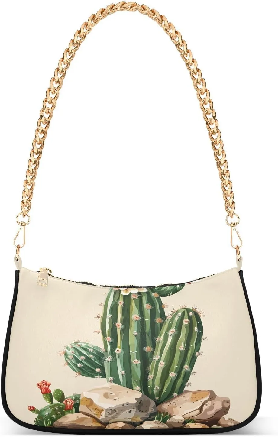 Shoulder Bags for Women Cactus with Flowers Rocks Tote HandBag Shoulder Bags purse with Chain Zipper Closure