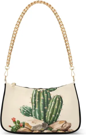 Shoulder Bags for Women Cactus with Flowers Rocks Tote HandBag Shoulder Bags purse with Chain Zipper Closure