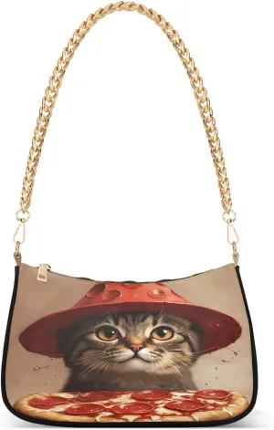 Shoulder Bags for Women Cat with Pizza Tote HandBag Shoulder Bags purse with Chain Zipper Closure