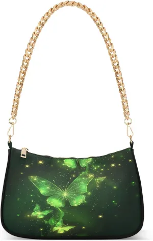 Shoulder Bags for Women Green Glowing Butterflies Tote HandBag Shoulder Bags purse with Chain Zipper Closure