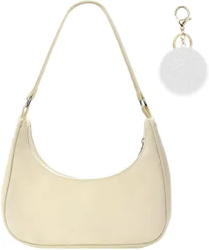 Shoulder Bags for Women, Nylon Shoulder Y2k Bag, Lady Underarm Bag, Mini Handbags with Pom Pom Keychain and Zipper Closure - Gift for Christmas, Birthday and Anniversary, White