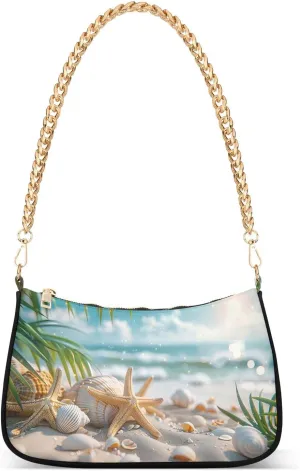Shoulder Bags for Women Starfish and Seashells Tote HandBag Shoulder Bags purse with Chain Zipper Closure