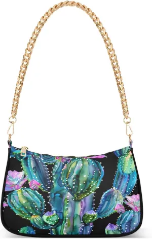 Shoulder Bags for Women Watercolor Cactus Tote HandBag Shoulder Bags purse with Chain Zipper Closure
