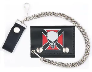 SKULL RED IRON CROSS TRIFOLD LEATHER WALLETS WITH CHAIN