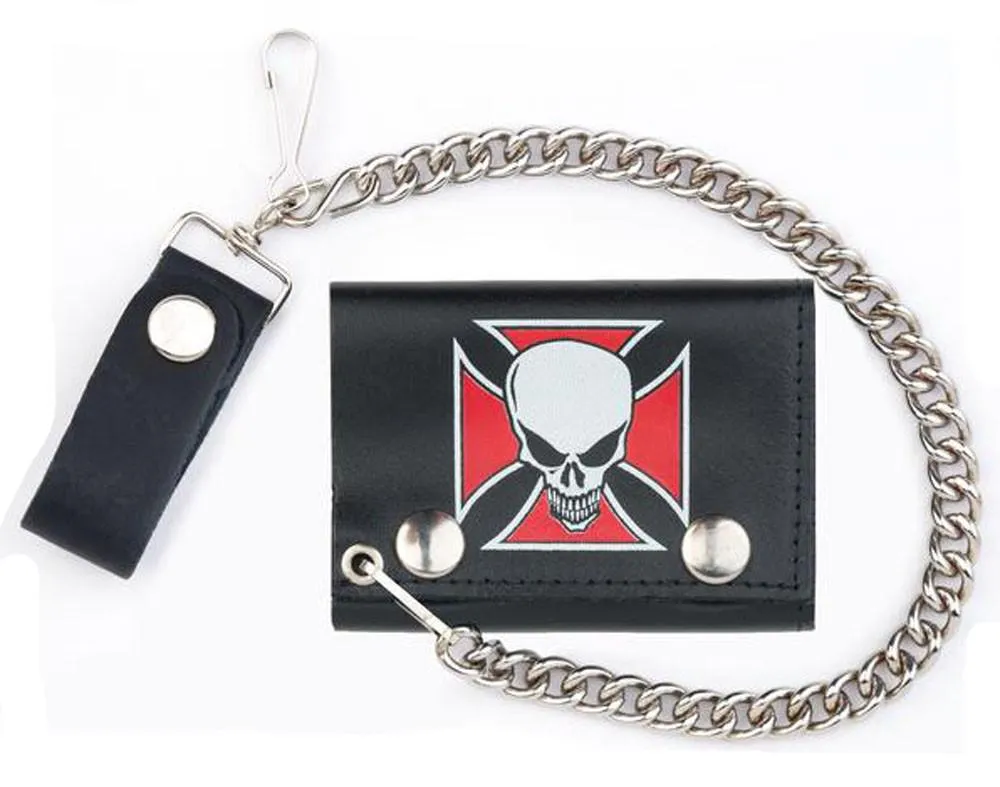 SKULL RED IRON CROSS TRIFOLD LEATHER WALLETS WITH CHAIN