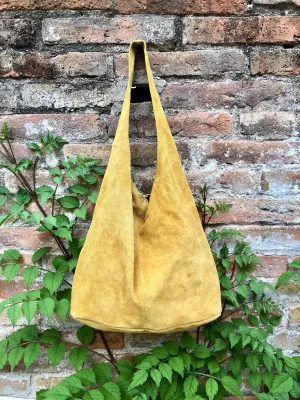 Slouch bag. Large TOTE leather bag in MUSTARD yellow. Soft natural suede, genuine hobo leather bag. MUSTARD yellow suede bag.Hobo,laptop bag