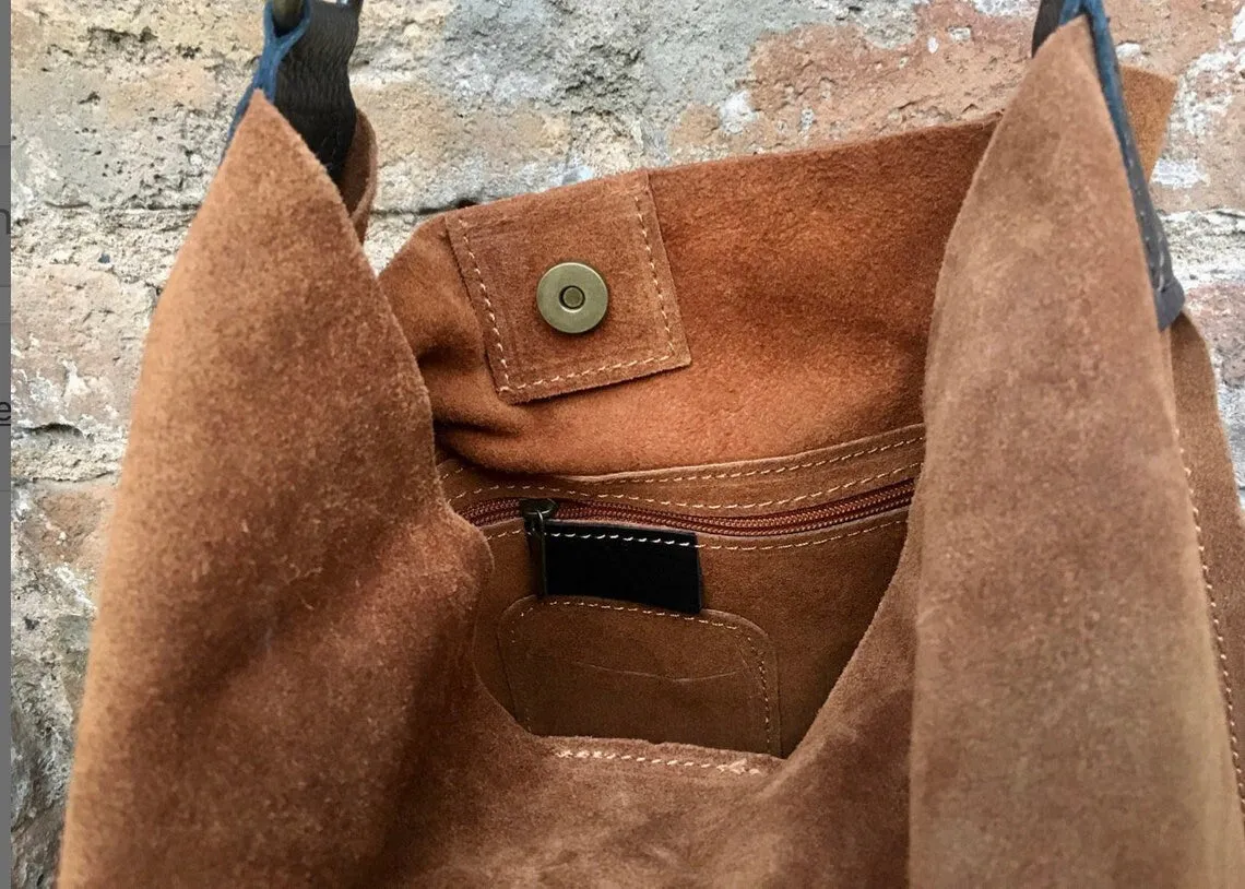 Slouch leather bag in DENIM blue. Hobo shoulder bag. Boho bag. Book or tablet bags in suede.Blue suede bag.