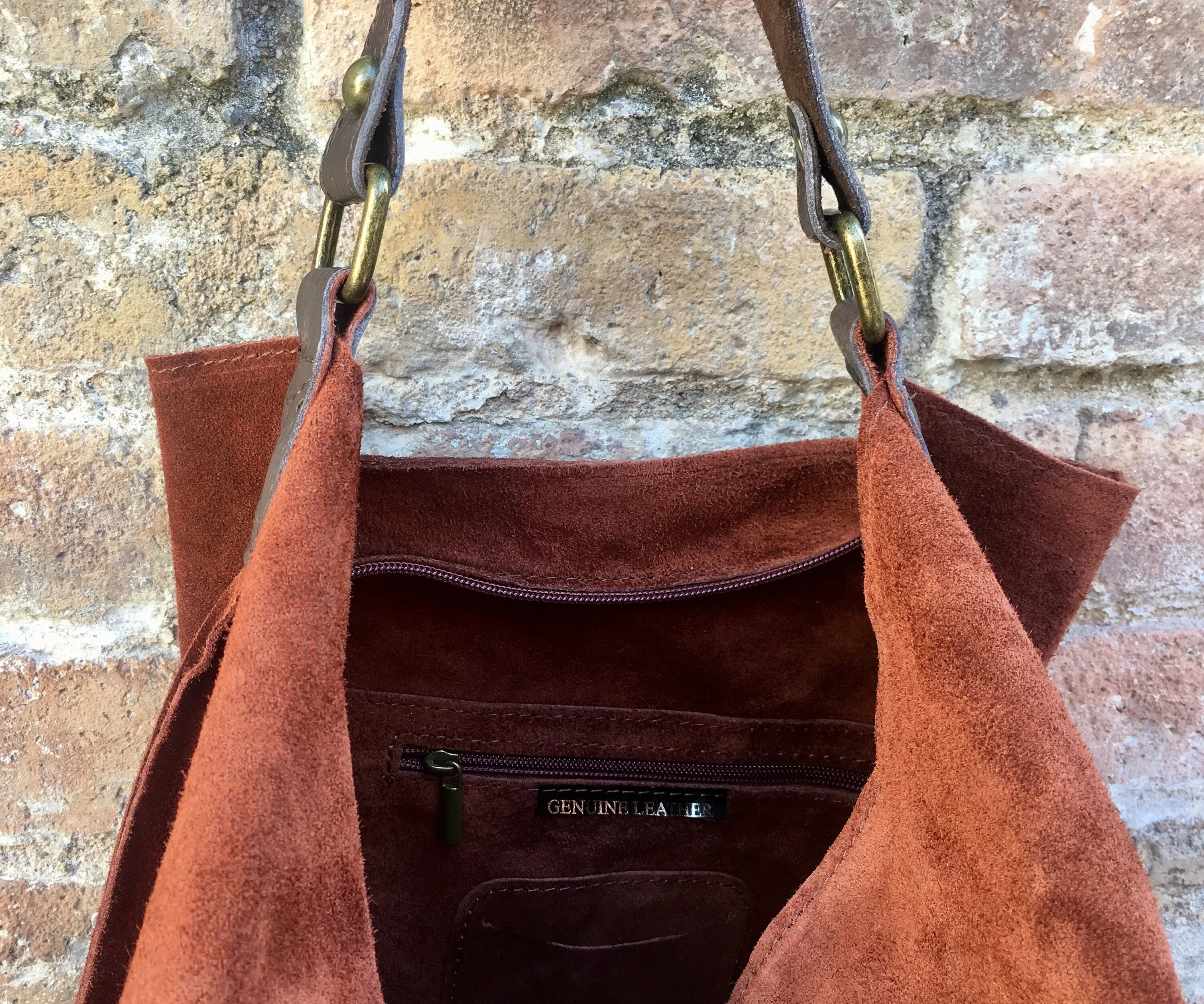 Slouch leather bag in rusty brown. Dark saddle brown hobo  bag. Boho bag.Book or tablet bags in suede. Dark camel brown soft leather shopper