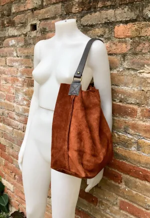 Slouch leather bag in rusty brown. Dark saddle brown hobo  bag. Boho bag.Book or tablet bags in suede. Dark camel brown soft leather shopper