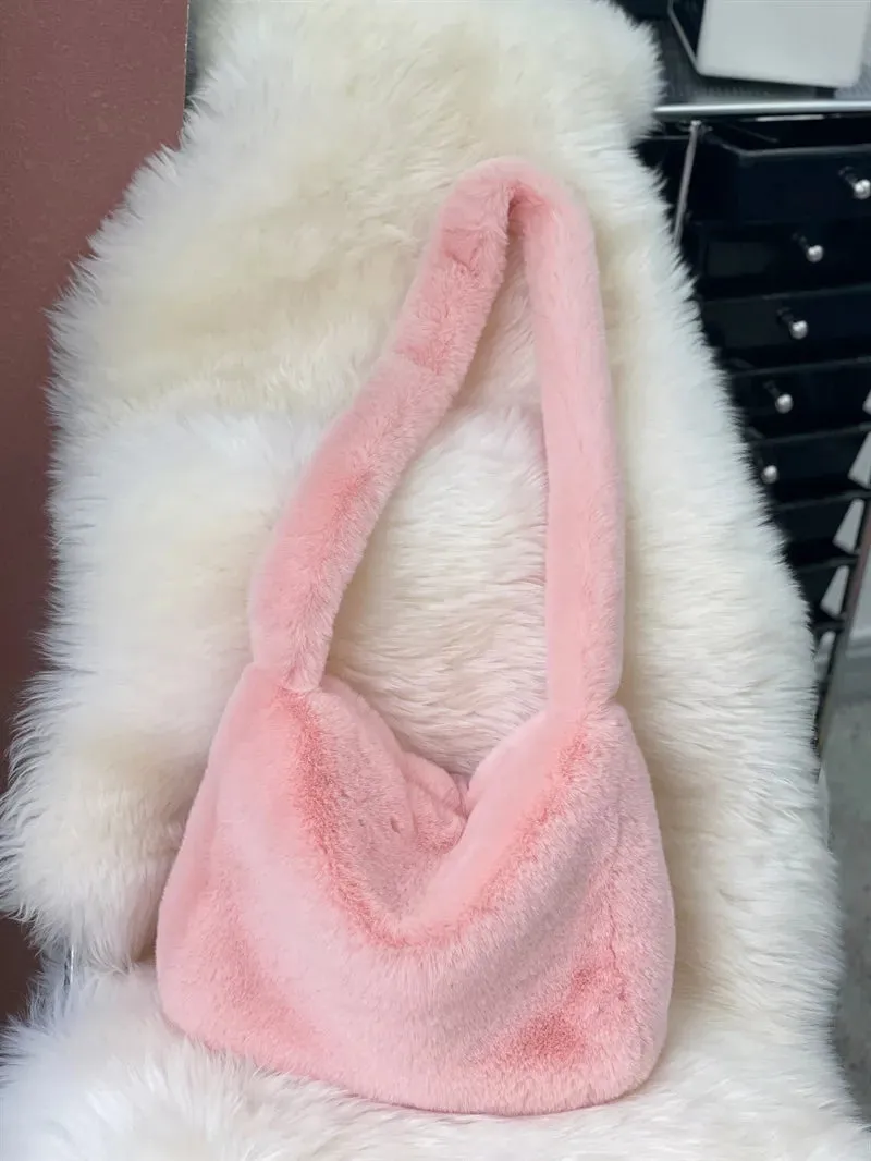 Sohiwoo Fashion Women Hot Pink Faux Fur Shoulder Bag Ladies Winter Soft Fluffy Crosssbody Purse Furry Tote Bag For Girls