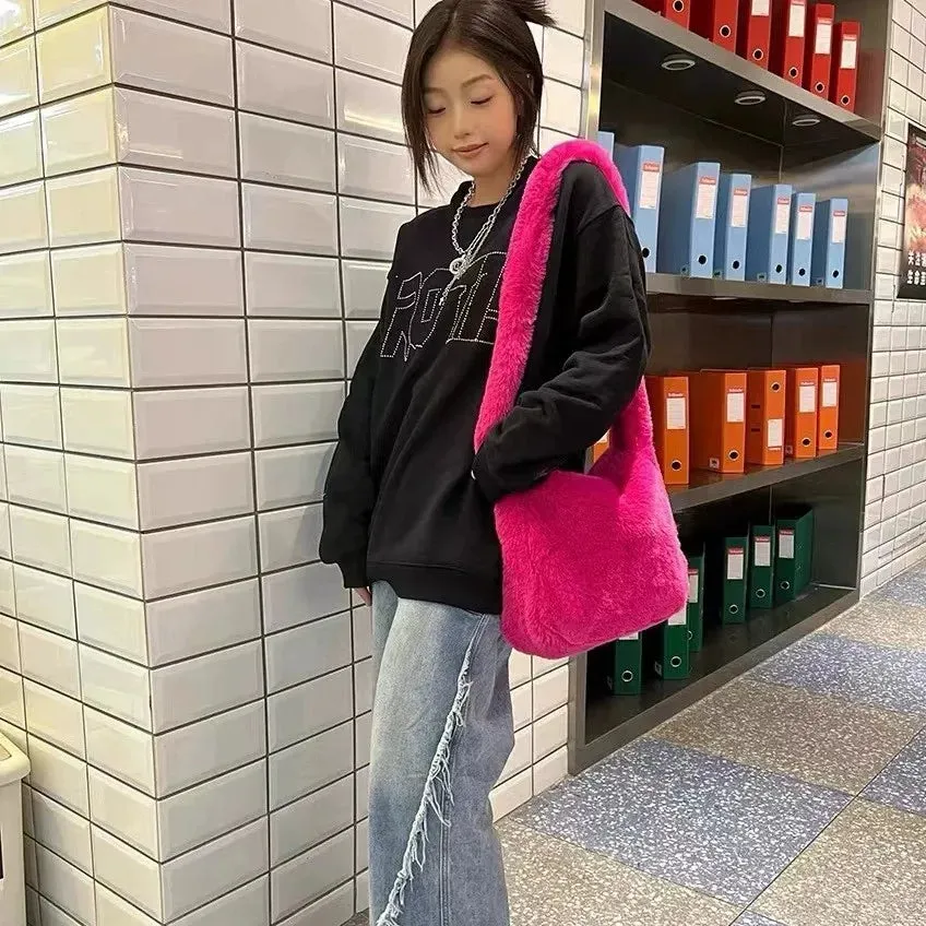 Sohiwoo Fashion Women Hot Pink Faux Fur Shoulder Bag Ladies Winter Soft Fluffy Crosssbody Purse Furry Tote Bag For Girls