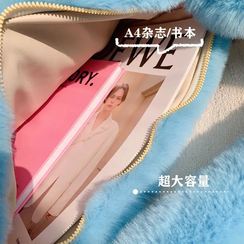 Sohiwoo Fashion Women Hot Pink Faux Fur Shoulder Bag Ladies Winter Soft Fluffy Crosssbody Purse Furry Tote Bag For Girls