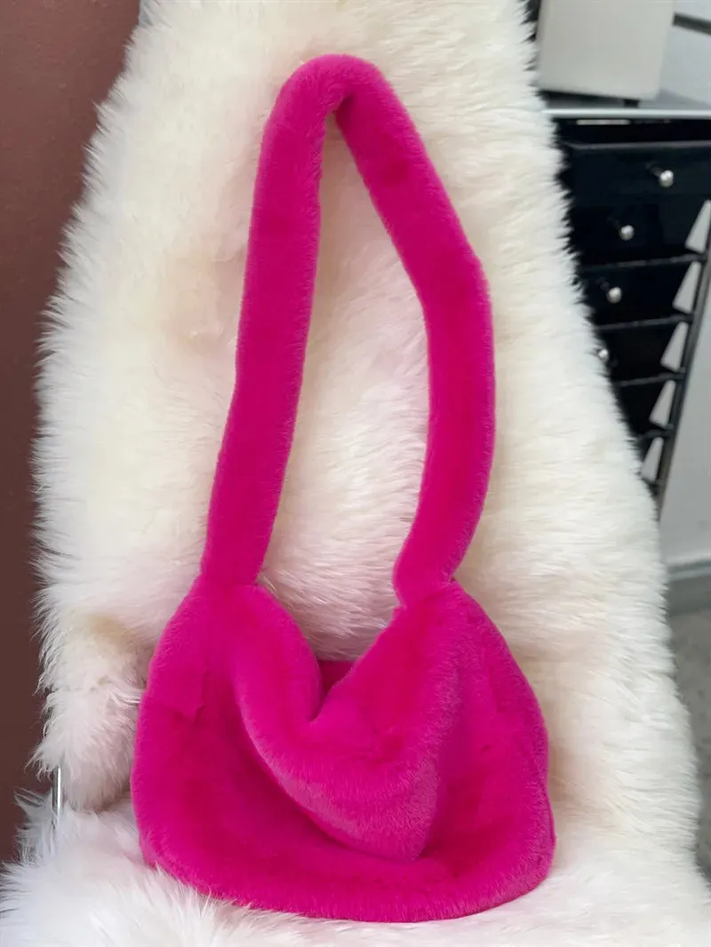 Sohiwoo Fashion Women Hot Pink Faux Fur Shoulder Bag Ladies Winter Soft Fluffy Crosssbody Purse Furry Tote Bag For Girls