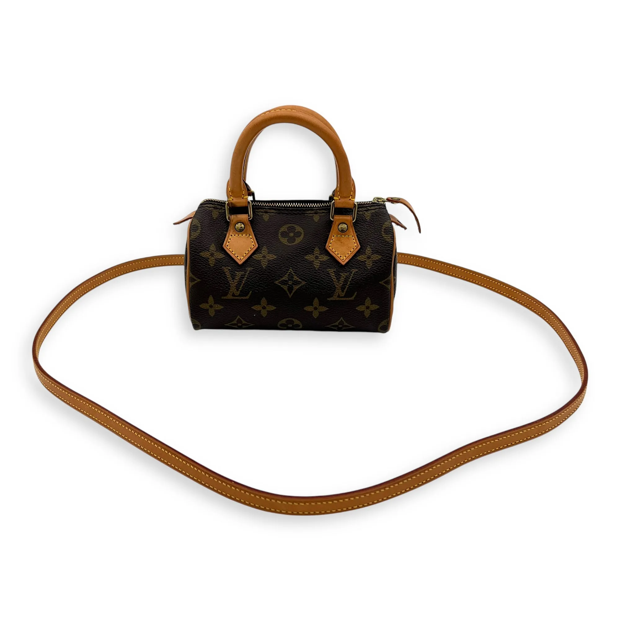Speedy Nano Brown Crossbody Bag in Monogram Coated Canvas, Gold hardware