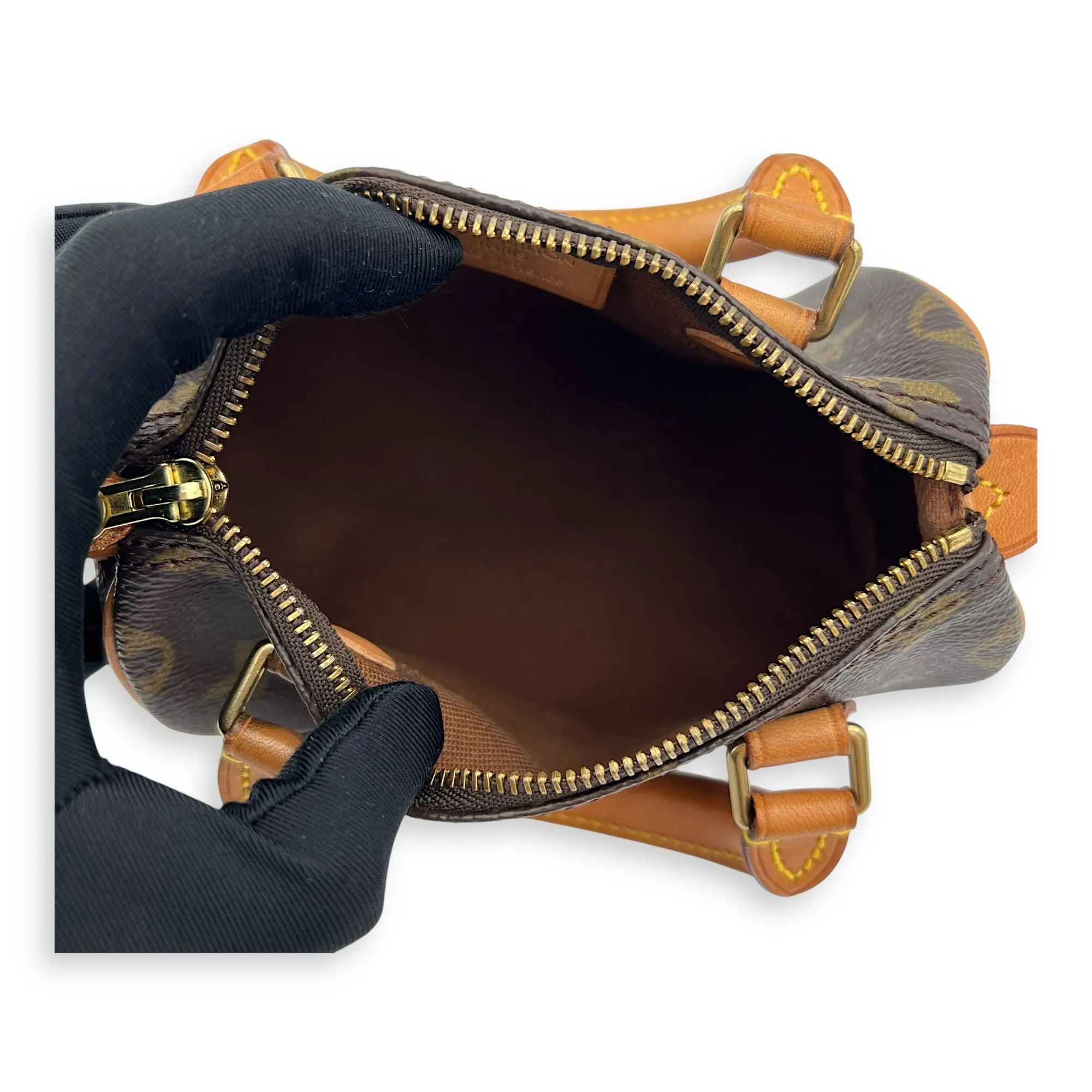 Speedy Nano Brown Crossbody Bag in Monogram Coated Canvas, Gold hardware