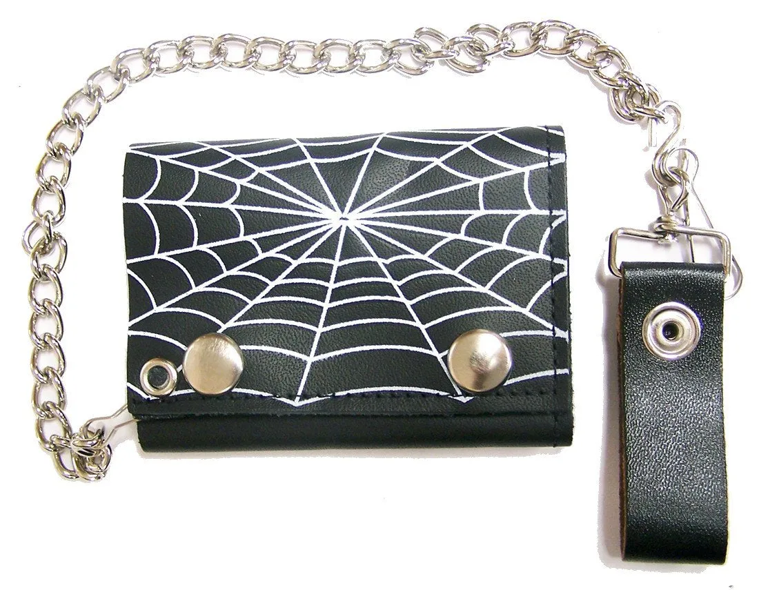 SPIDER WEB TRIFOLD LEATHER WALLETS WITH CHAIN