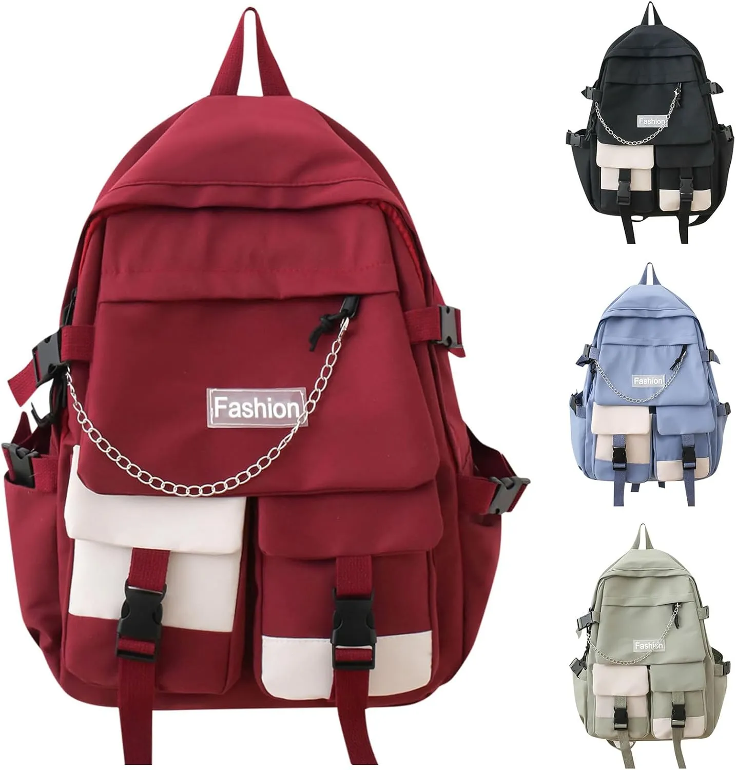 Student Backpack Fashionable New Pattern Fresh And Simple Large Capacity Zipper Lightweight Canvas (Black, One Size)