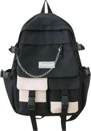 Student Backpack Fashionable New Pattern Fresh And Simple Large Capacity Zipper Lightweight Canvas (Black, One Size)