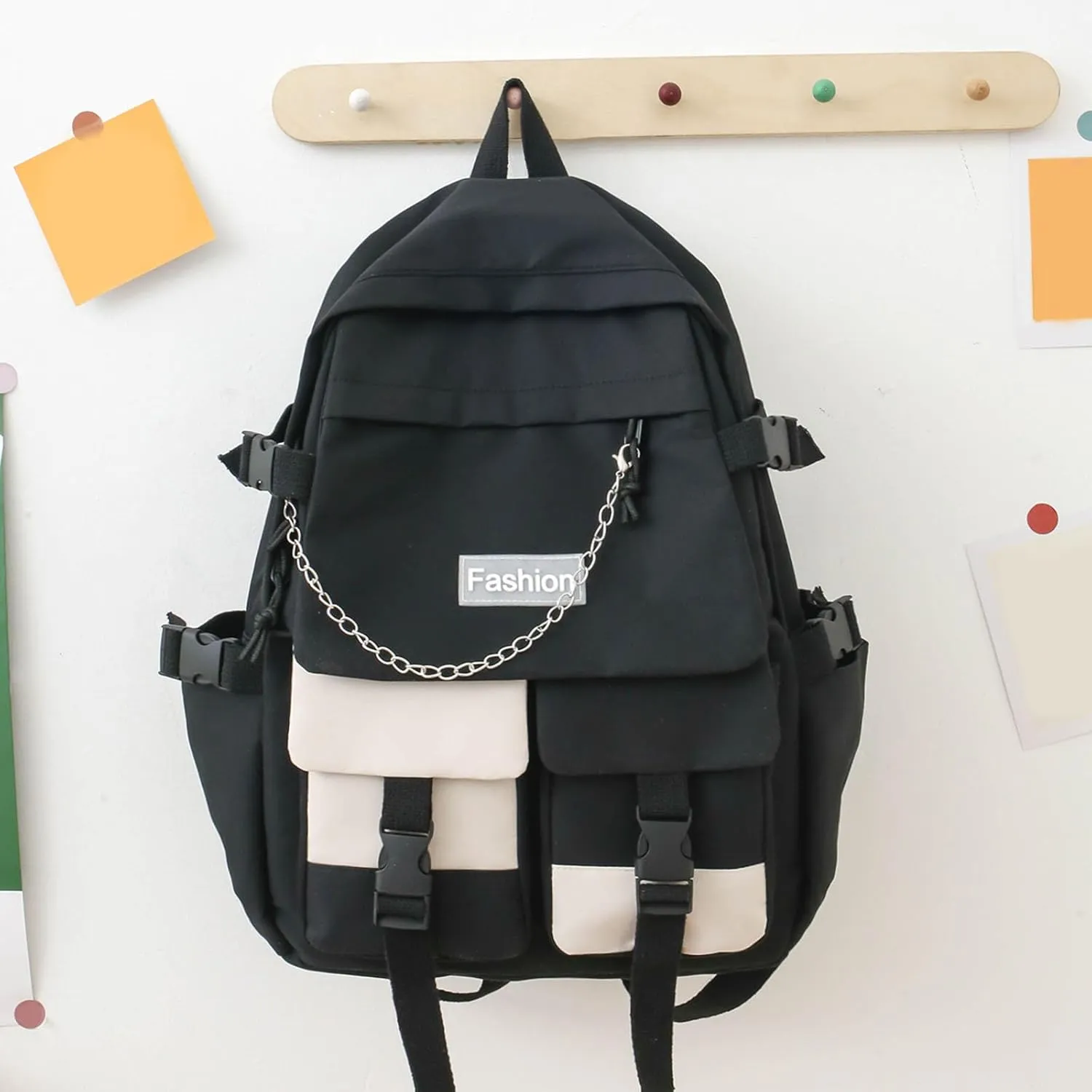Student Backpack Fashionable New Pattern Fresh And Simple Large Capacity Zipper Lightweight Canvas (Black, One Size)