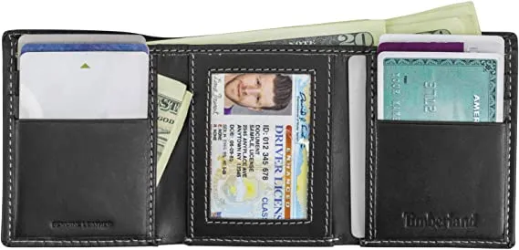 Timberland D01388/08 Men's Leather Trifold Wallet with Id Window - Black Cloudy
