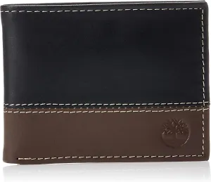 Timberland D67001/77 mens Leather Passcase Trifold Wallet Hybrid, Black/Cognac