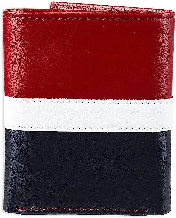 Tommy Hilfiger Men's 31TL110022 Genuine Leather Slim Trifold Wallet with ID Window - Red/White/Blue