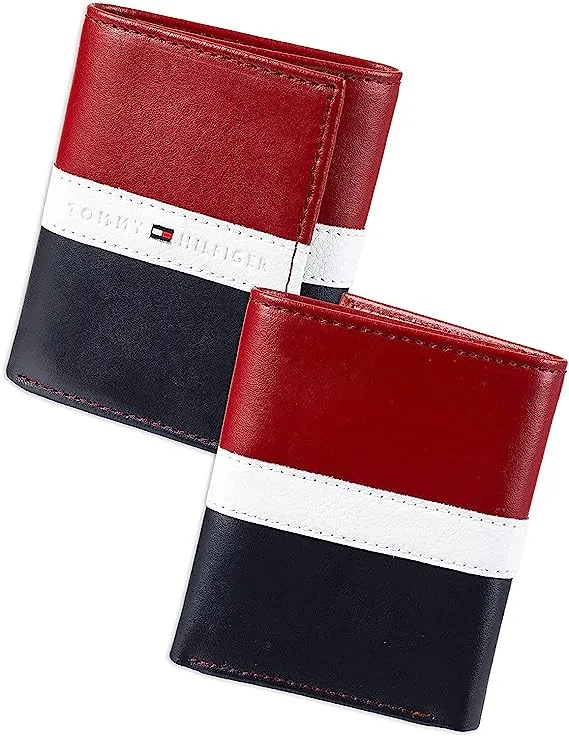 Tommy Hilfiger Men's 31TL110022 Genuine Leather Slim Trifold Wallet with ID Window - Red/White/Blue
