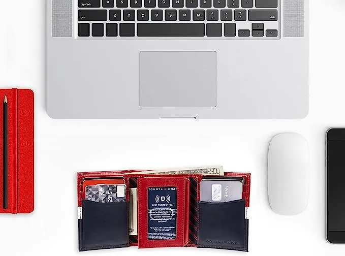 Tommy Hilfiger Men's 31TL110022 Genuine Leather Slim Trifold Wallet with ID Window - Red/White/Blue