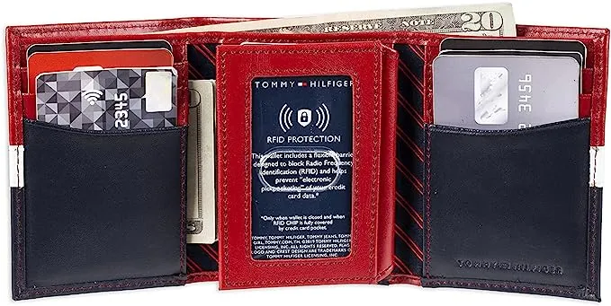 Tommy Hilfiger Men's 31TL110022 Genuine Leather Slim Trifold Wallet with ID Window - Red/White/Blue