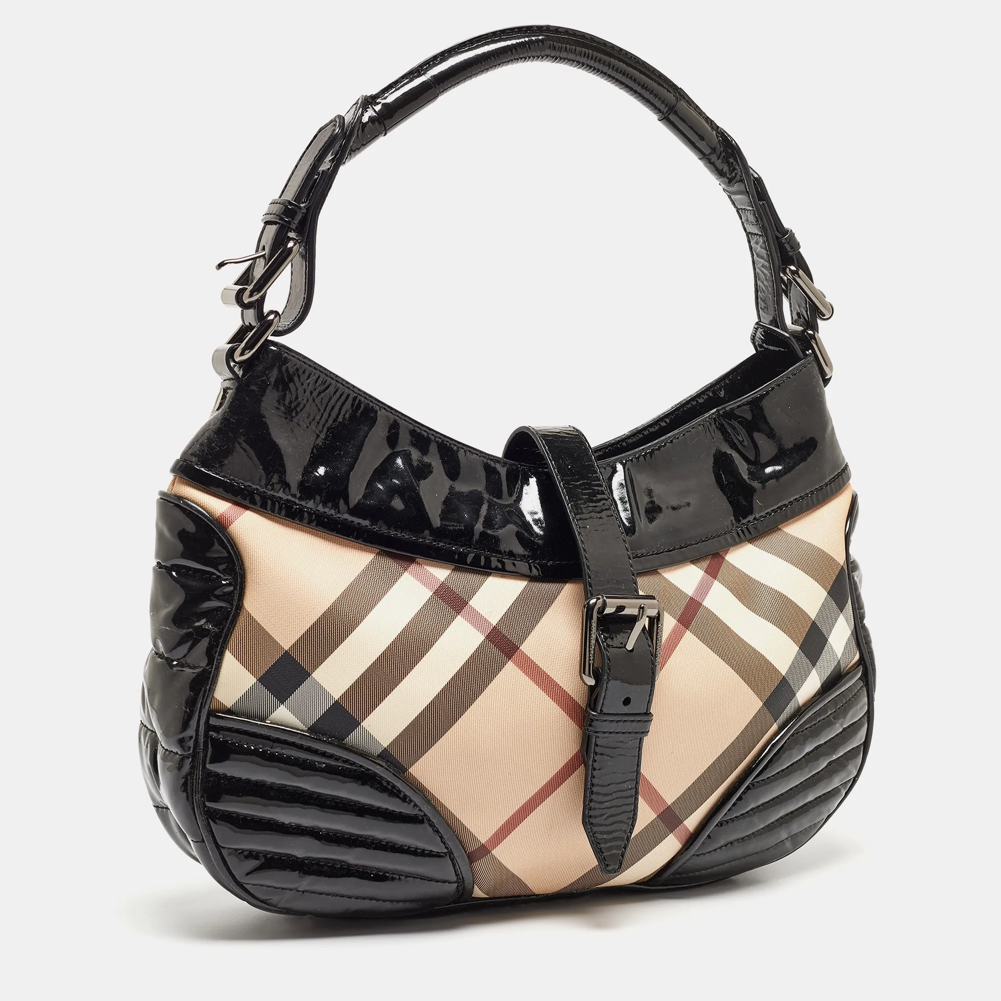 Trendy Inspired Burberry Black/beige Nova Check Pvc And Patent Leather Hobo