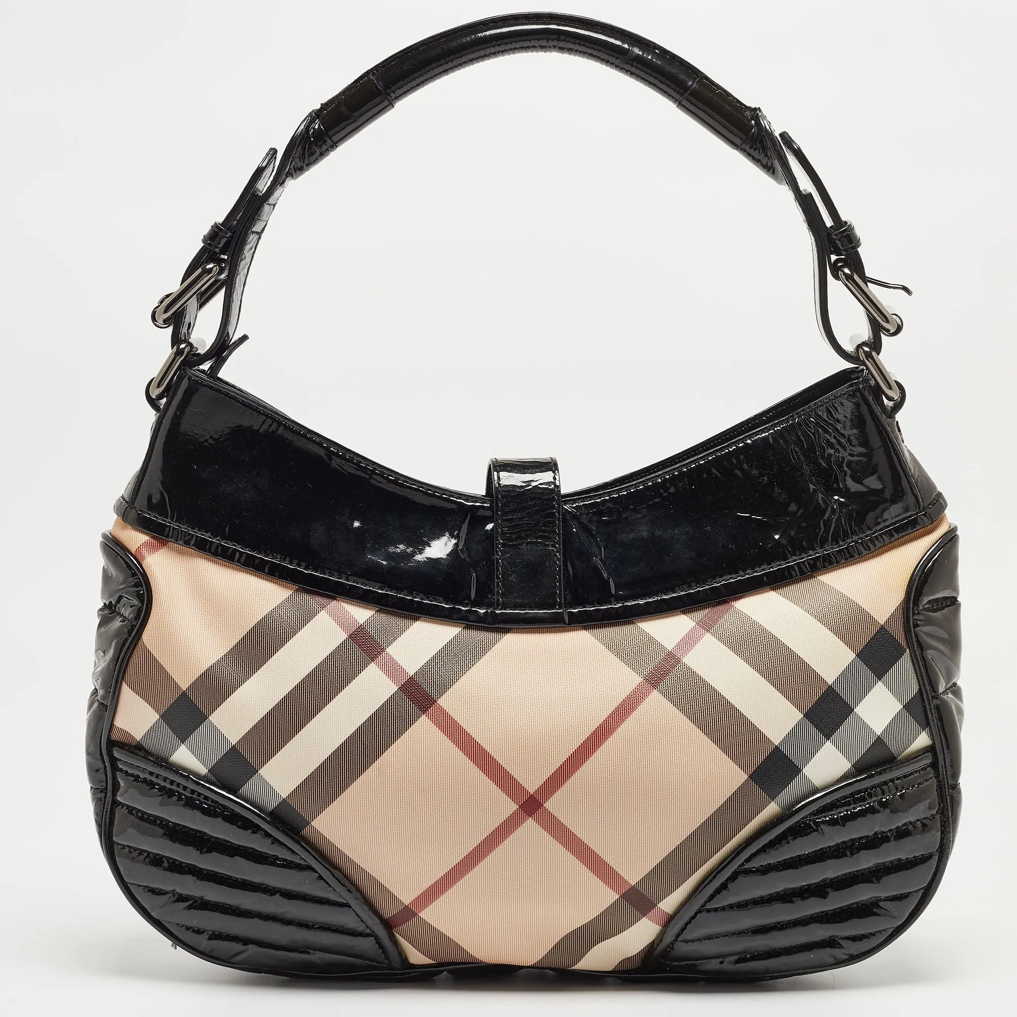 Trendy Inspired Burberry Black/beige Nova Check Pvc And Patent Leather Hobo
