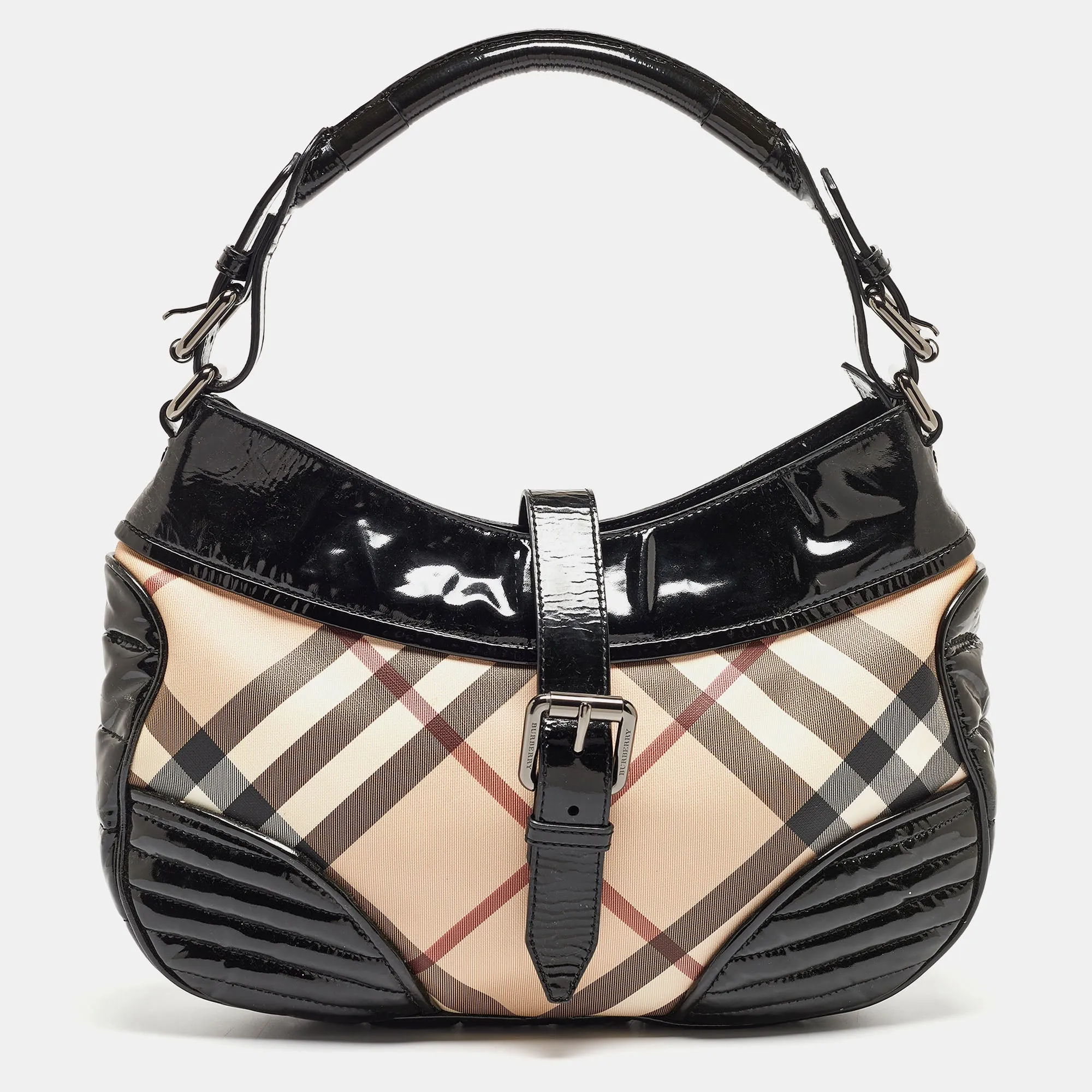 Trendy Inspired Burberry Black/beige Nova Check Pvc And Patent Leather Hobo