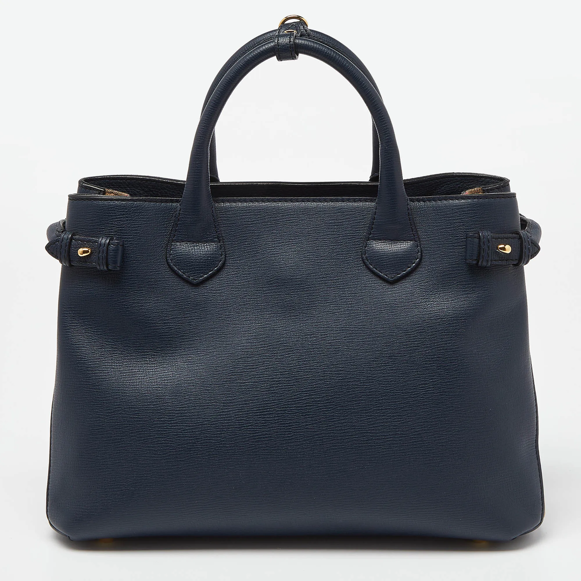 Trendy Inspired Burberry Blue/beige Leather And House Check Canvas Medium Banner Tote