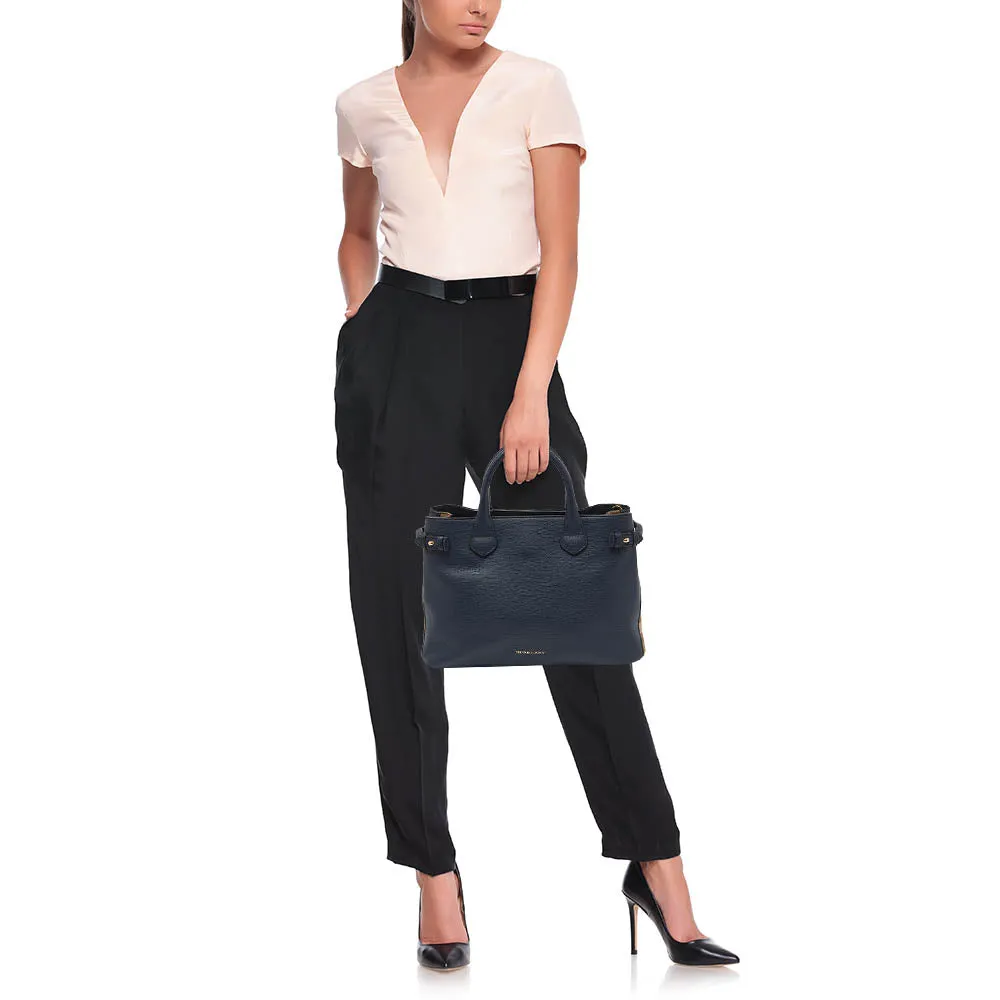 Trendy Inspired Burberry Blue/beige Leather And House Check Canvas Medium Banner Tote
