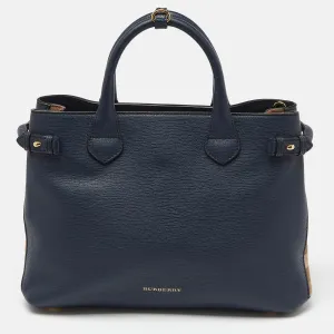 Trendy Inspired Burberry Blue/beige Leather And House Check Canvas Medium Banner Tote