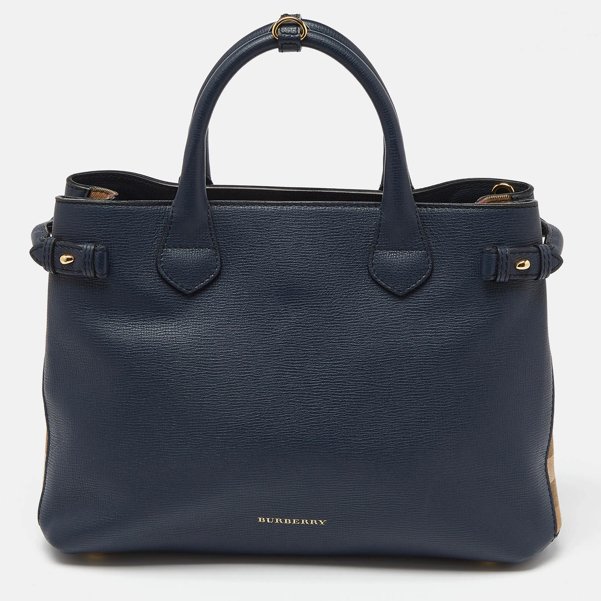Trendy Inspired Burberry Blue/beige Leather And House Check Canvas Medium Banner Tote