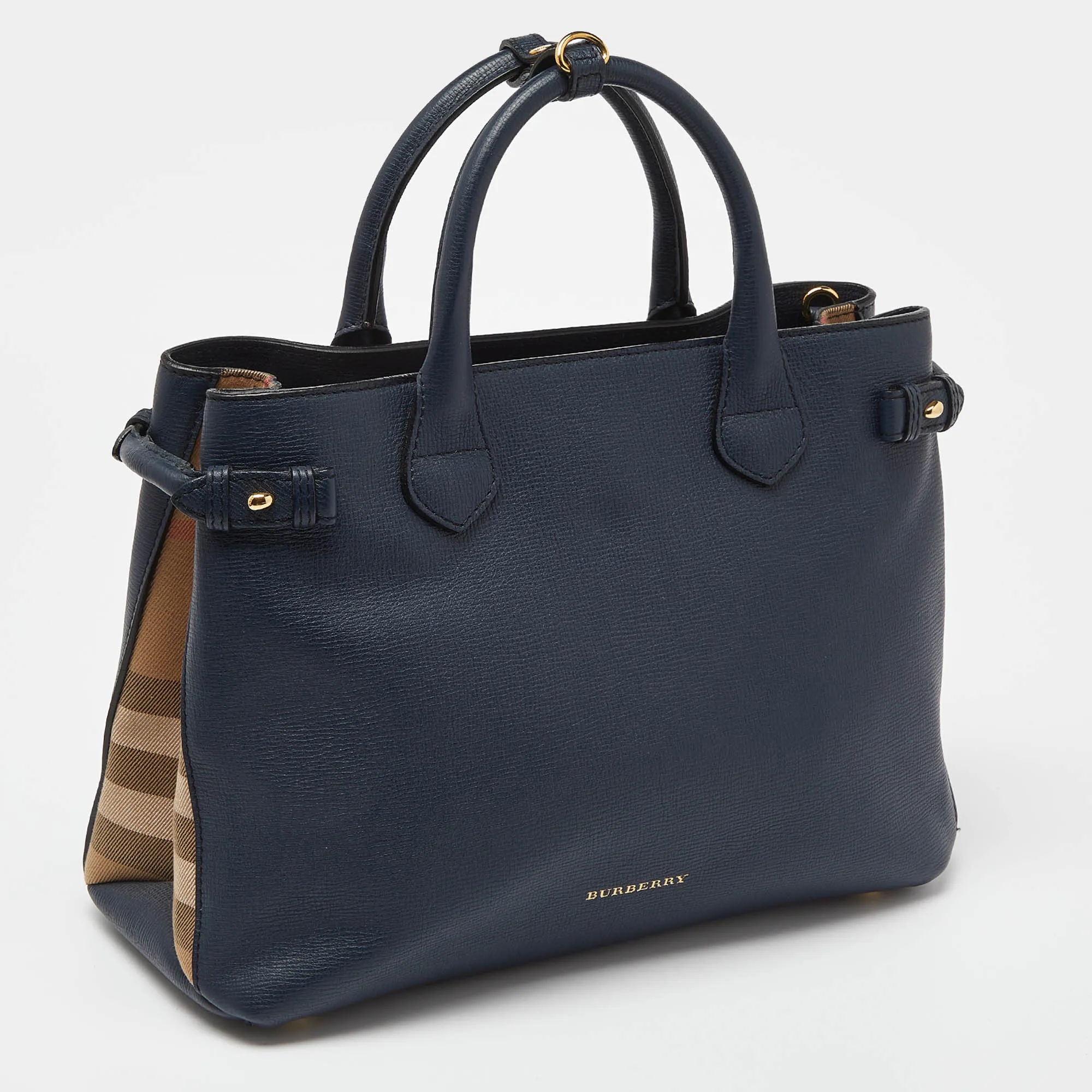 Trendy Inspired Burberry Blue/beige Leather And House Check Canvas Medium Banner Tote