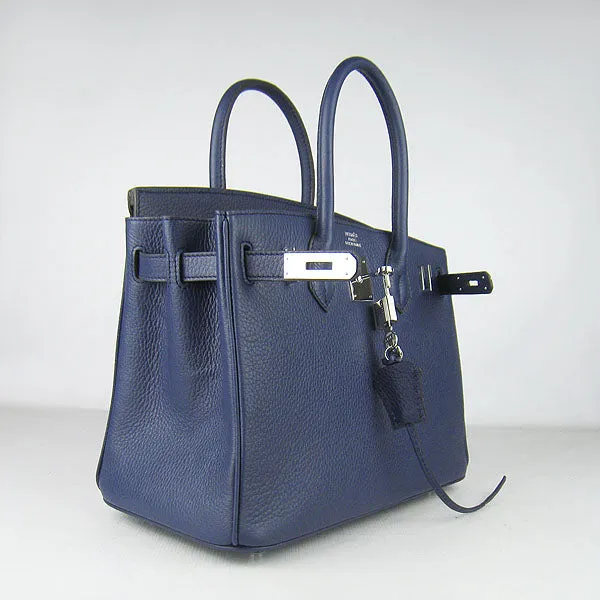 Trendy Inspired Hermes Birkin 30cm Togo Leather Handbags Dark Blue Silver