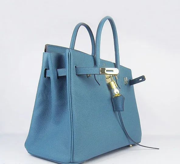 Trendy Inspired Hermes Birkin 35cm Cattle Skin Vein Handbags Blue Golden