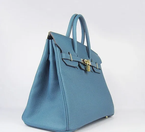 Trendy Inspired Hermes Birkin 35cm Cattle Skin Vein Handbags Blue Golden